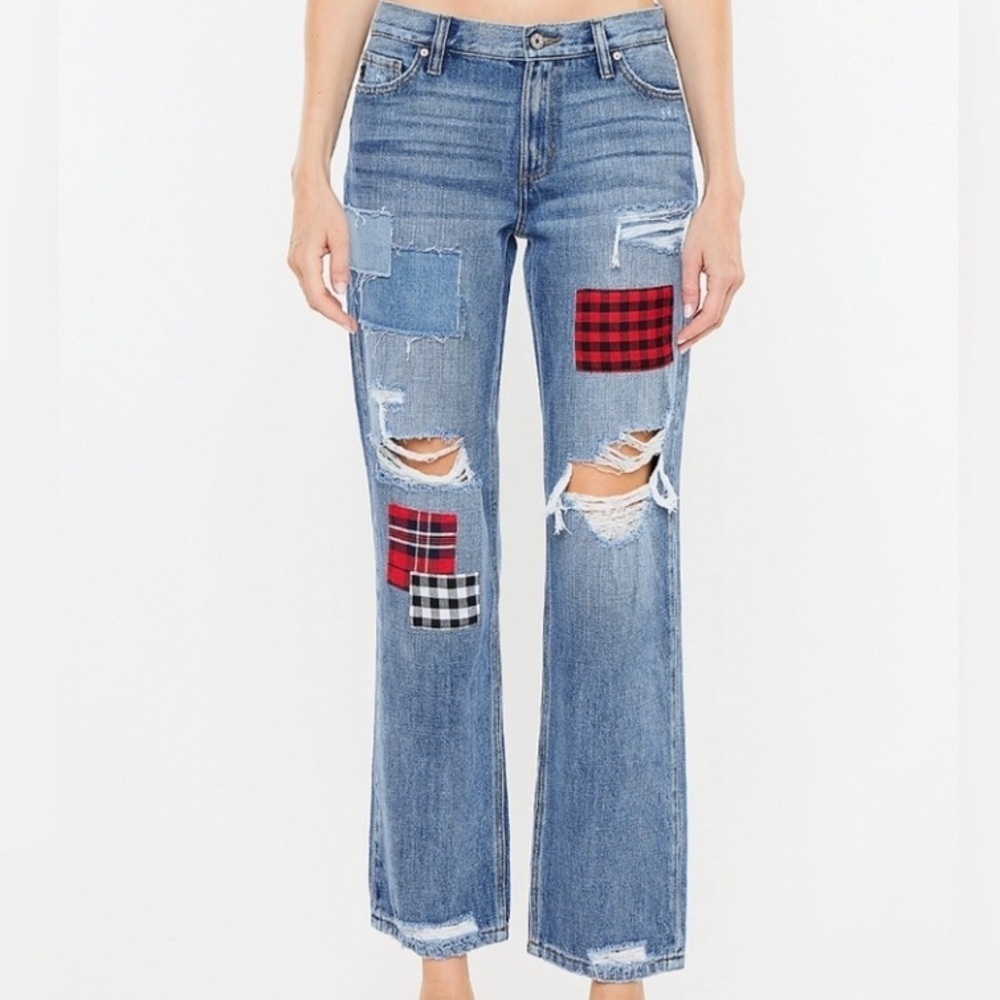 Kancan patchwork jeans denim distressed boyfriend relaxed 30 cotton